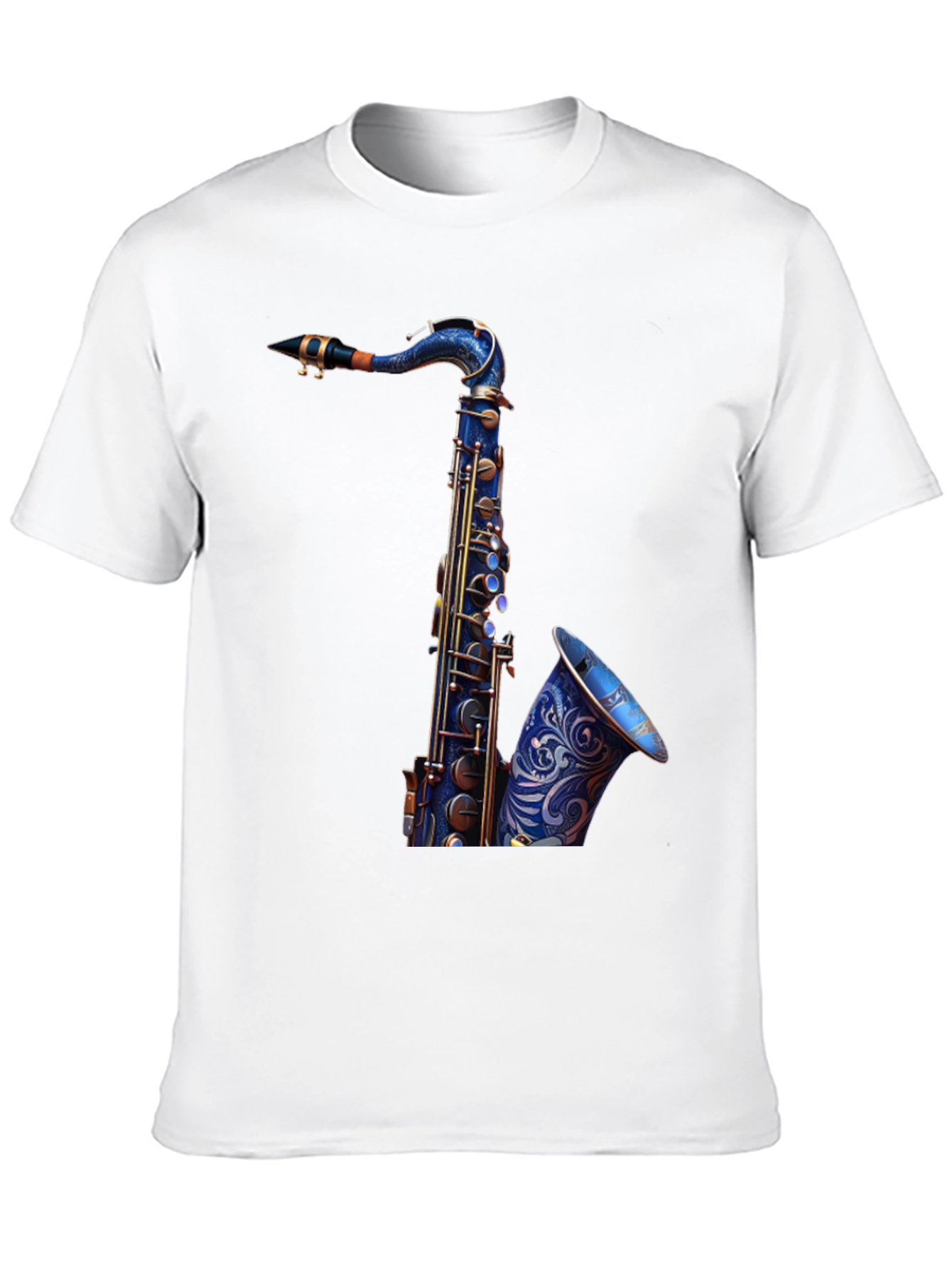 Camiseta Negra con Diseño de Saxofón Azul