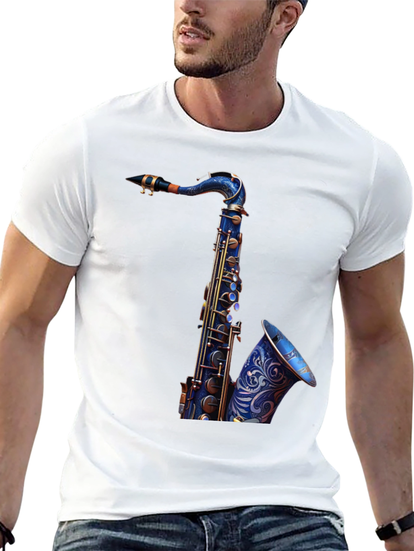 Camiseta Negra con Diseño de Saxofón Azul