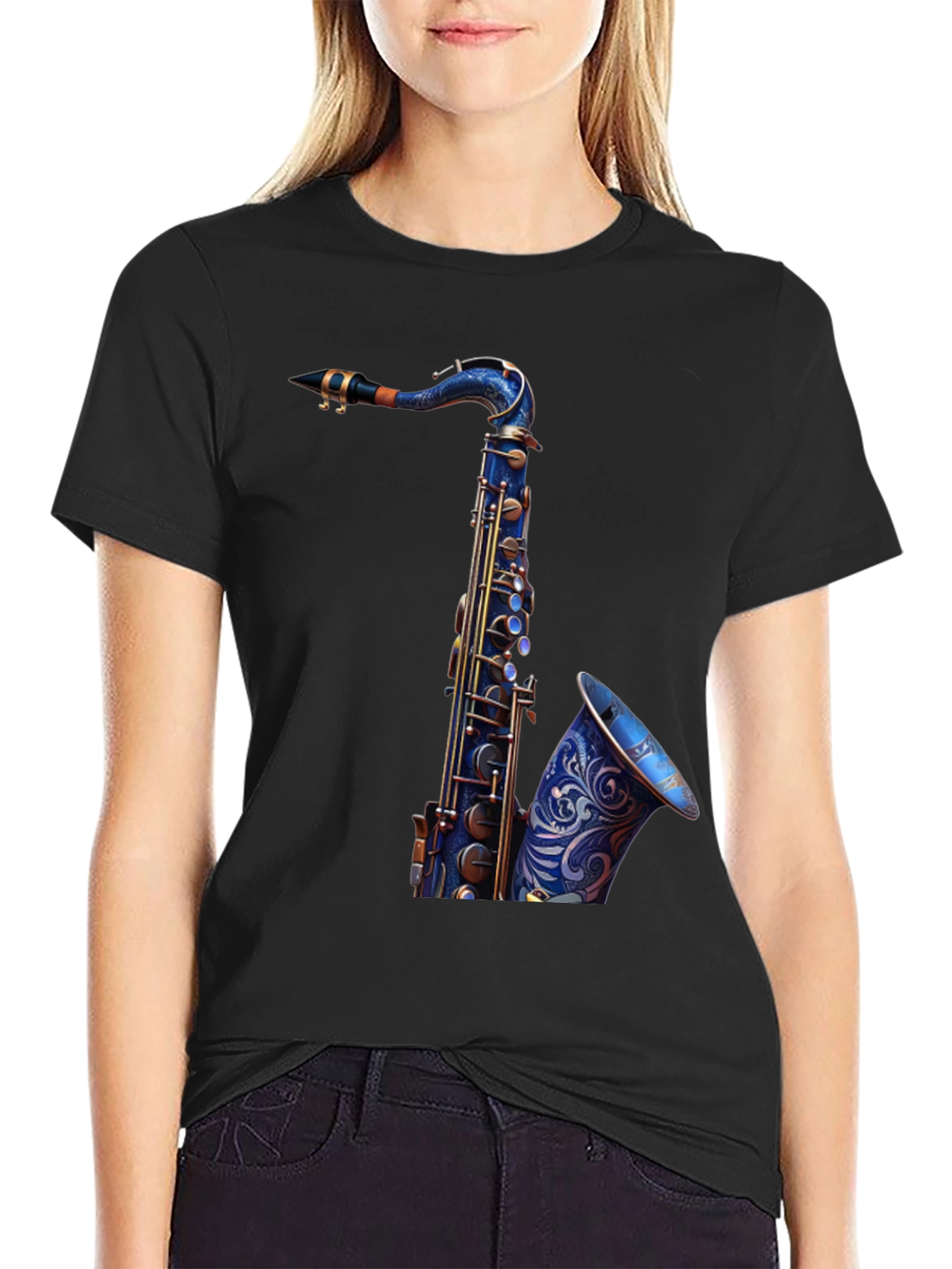 Camiseta Negra con Diseño de Saxofón Azul