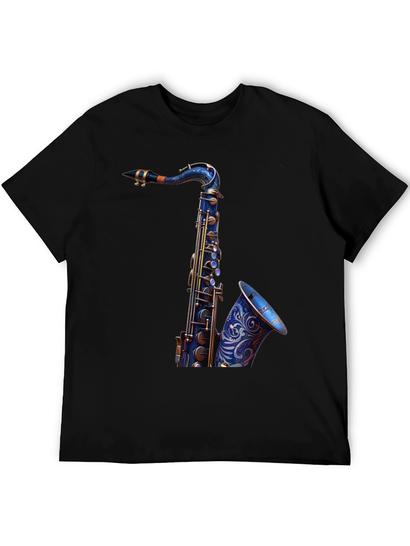 Camiseta Negra con Diseño de Saxofón Azul
