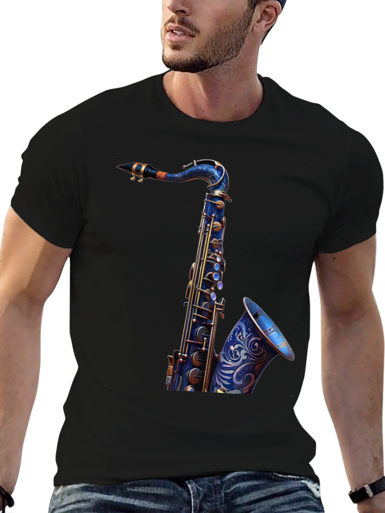 Camiseta Negra con Diseño de Saxofón Azul