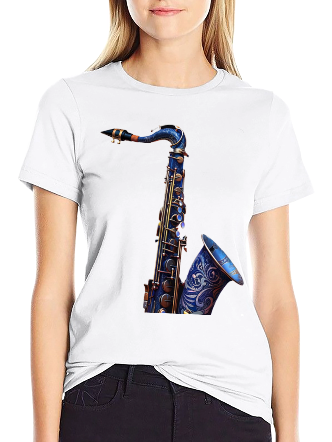 Camiseta Negra con Diseño de Saxofón Azul