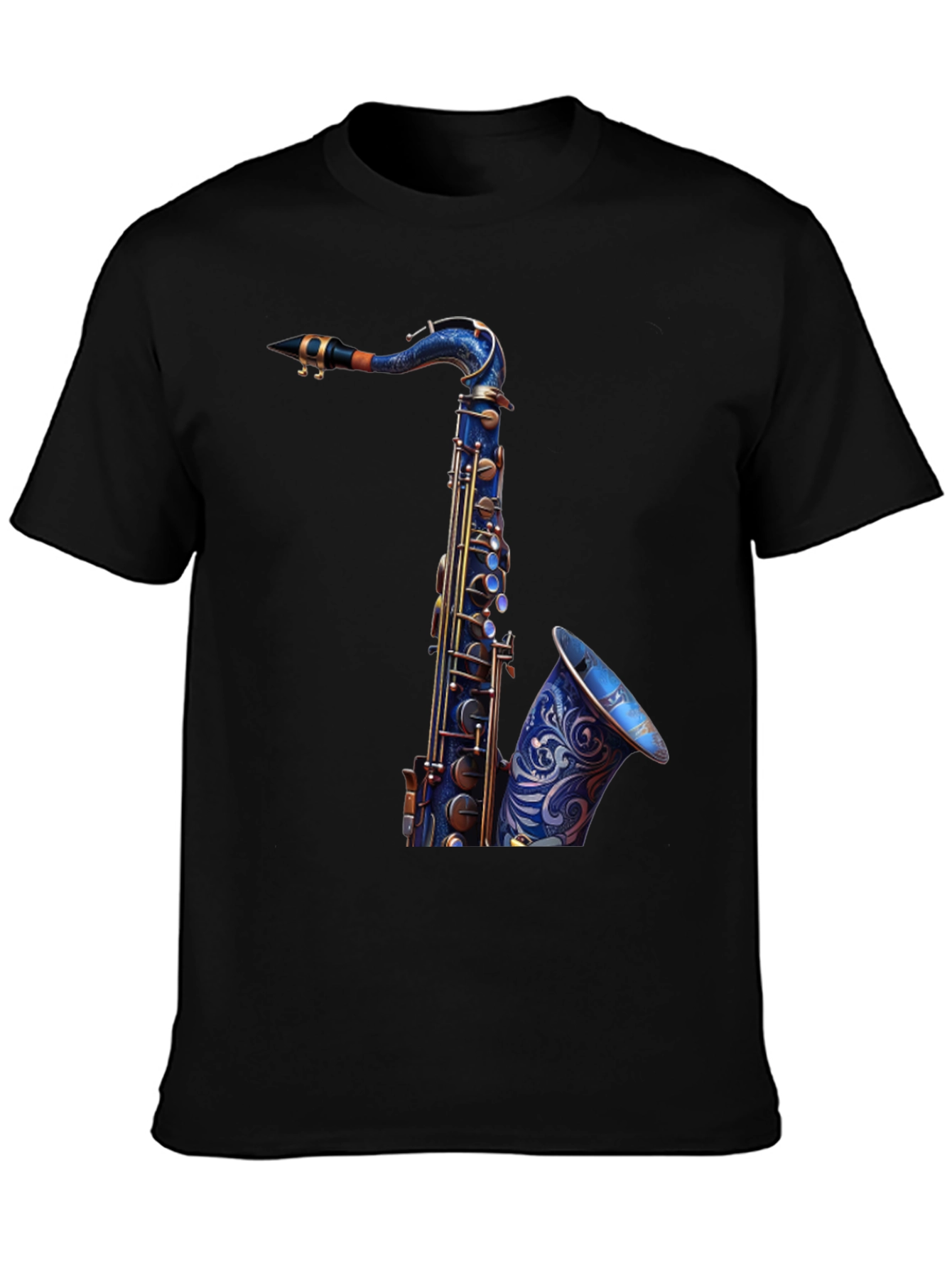 Camiseta Negra con Diseño de Saxofón Azul
