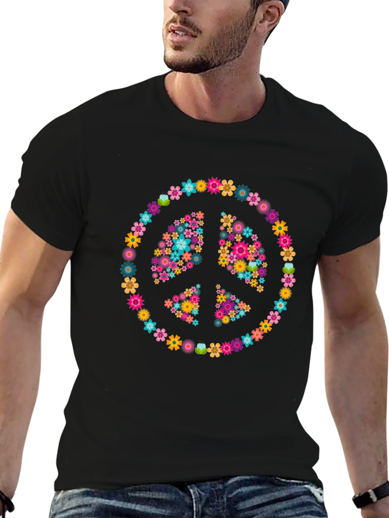 Camiseta Negra con Símbolo de la Paz Floral