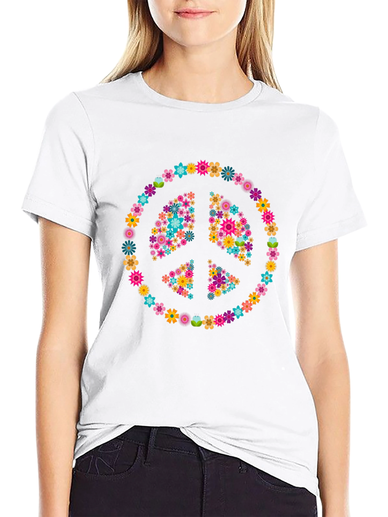 Camiseta Negra con Símbolo de la Paz Floral