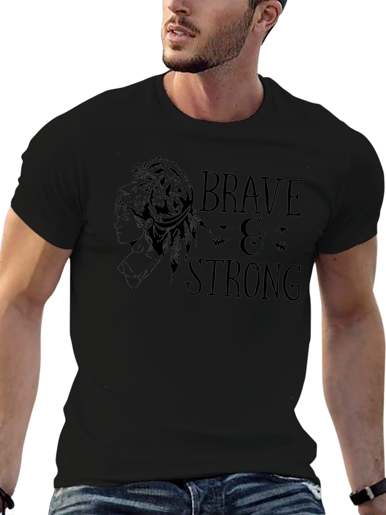 Camiseta Negra Valiente y Fuerte con Diseño Tribal