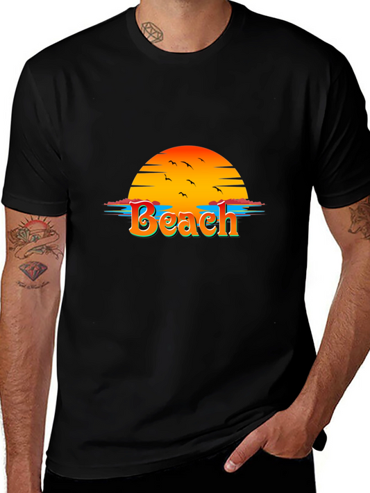 Camiseta Negra con Diseño de Playa al Atardecer