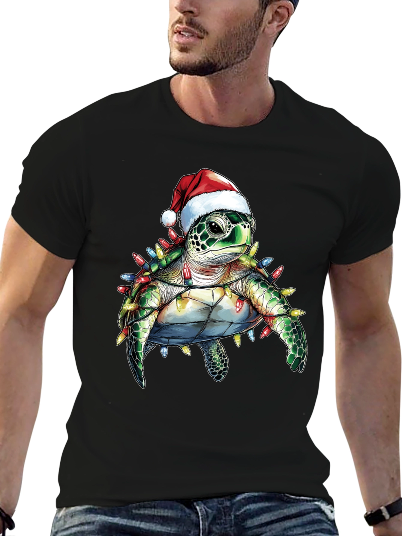 Camiseta Negra con Tortuga Navideña