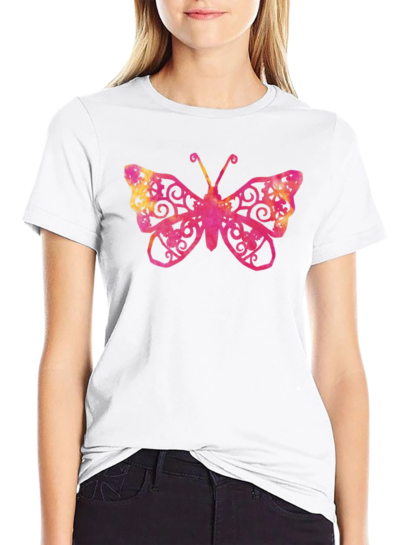 Camiseta Negra con Estampado de Mariposa Ornamental