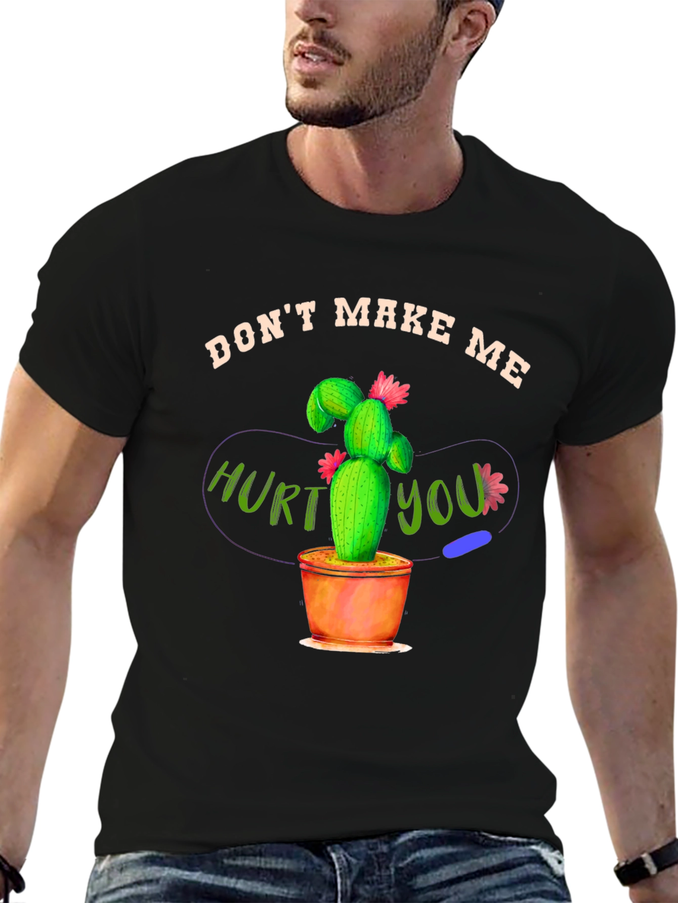 Camiseta Negra con Diseño de Cactus Amenazante