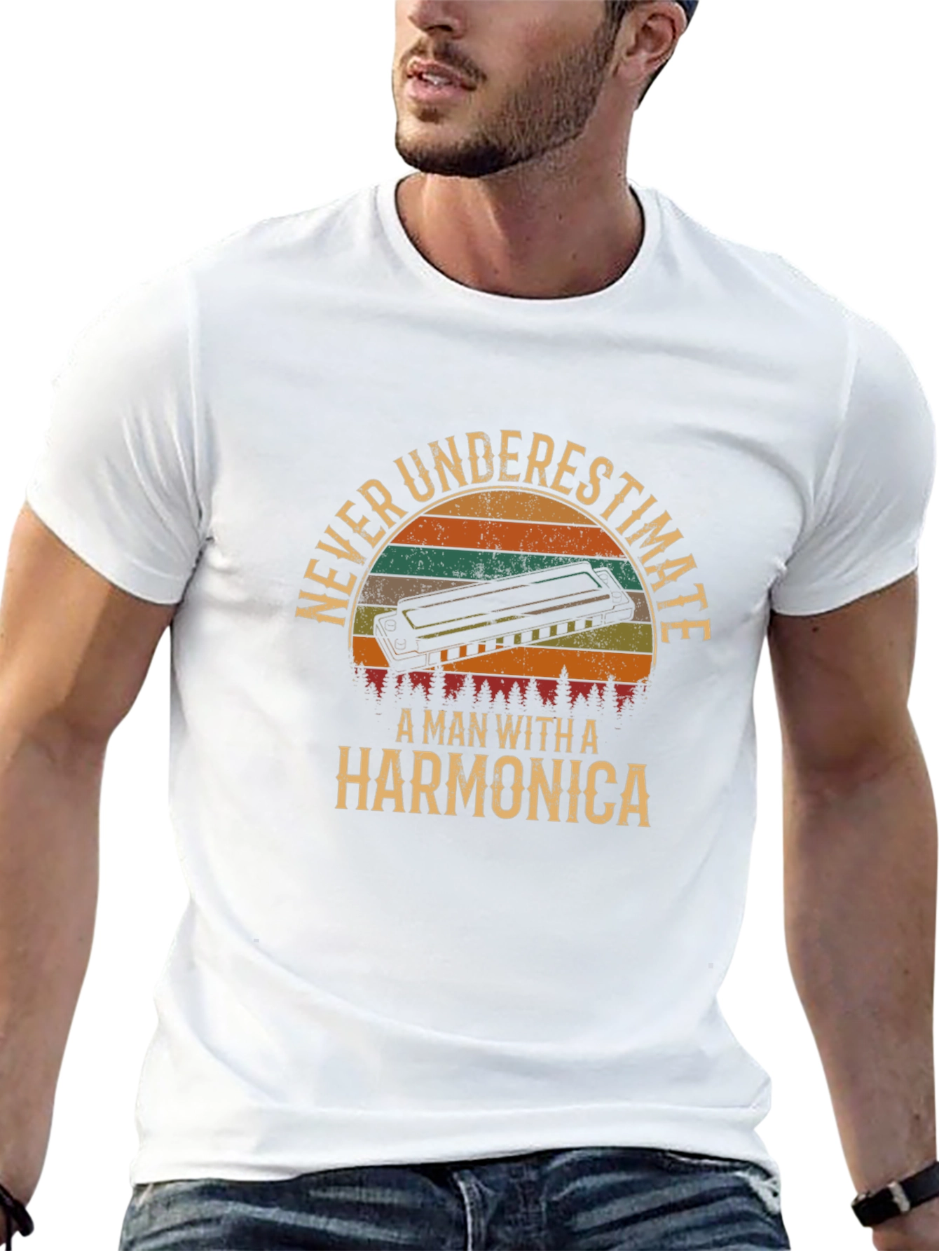 Camiseta Negra Never Underestimate A Man With A Harmonica