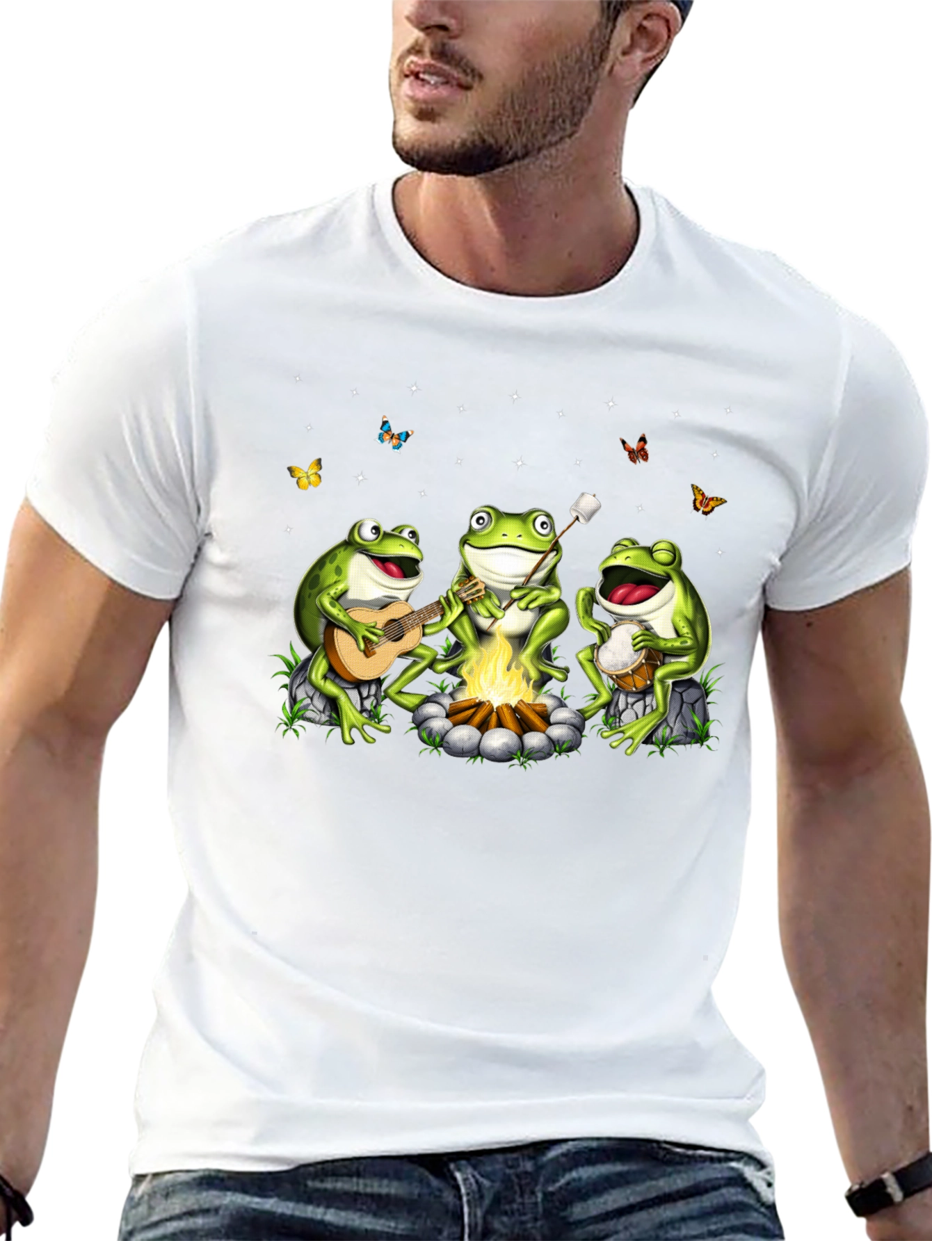 Camiseta Negra con Diseño de Ranas Músicas