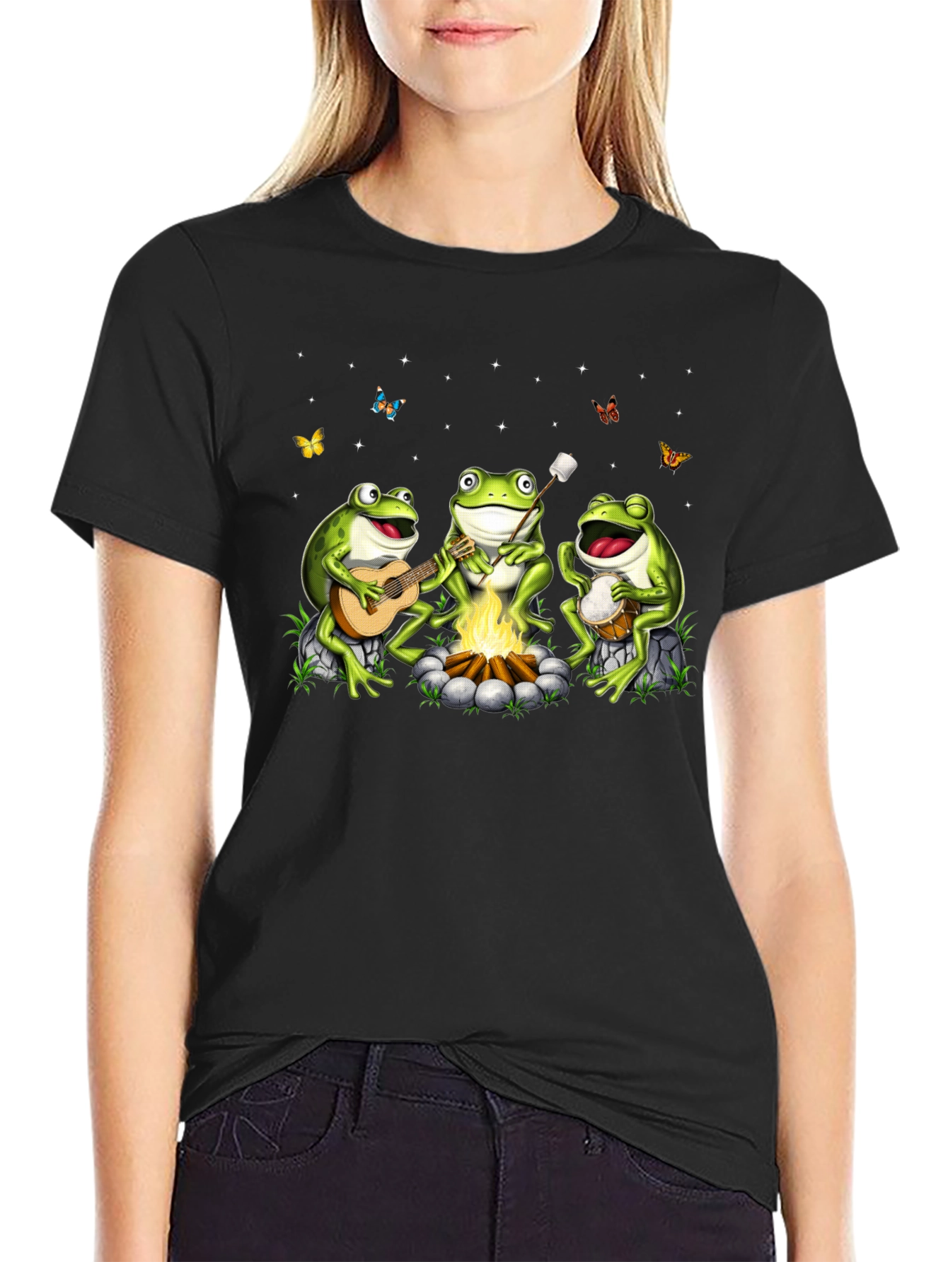 Camiseta Negra con Diseño de Ranas Músicas