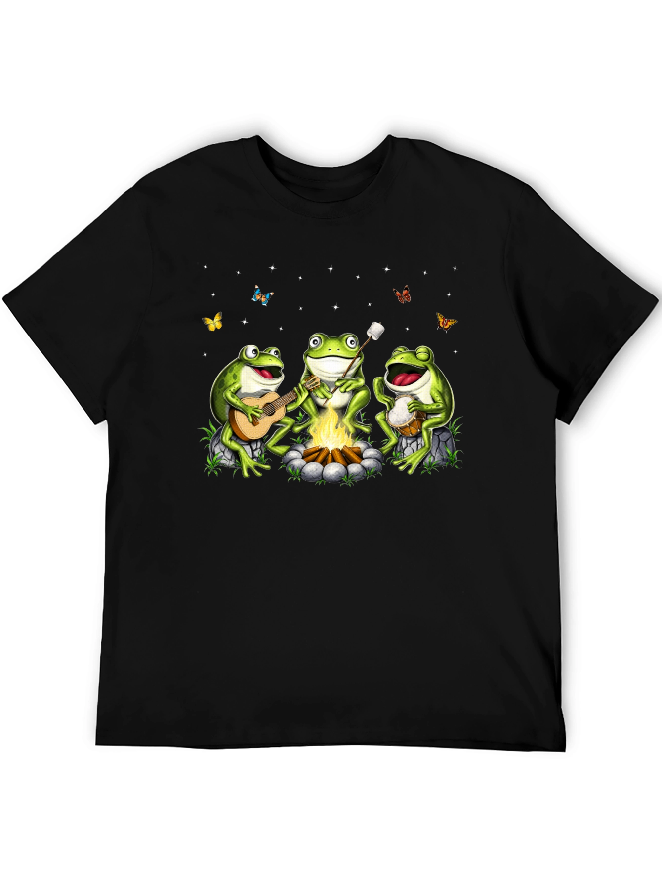 Camiseta Negra con Diseño de Ranas Músicas