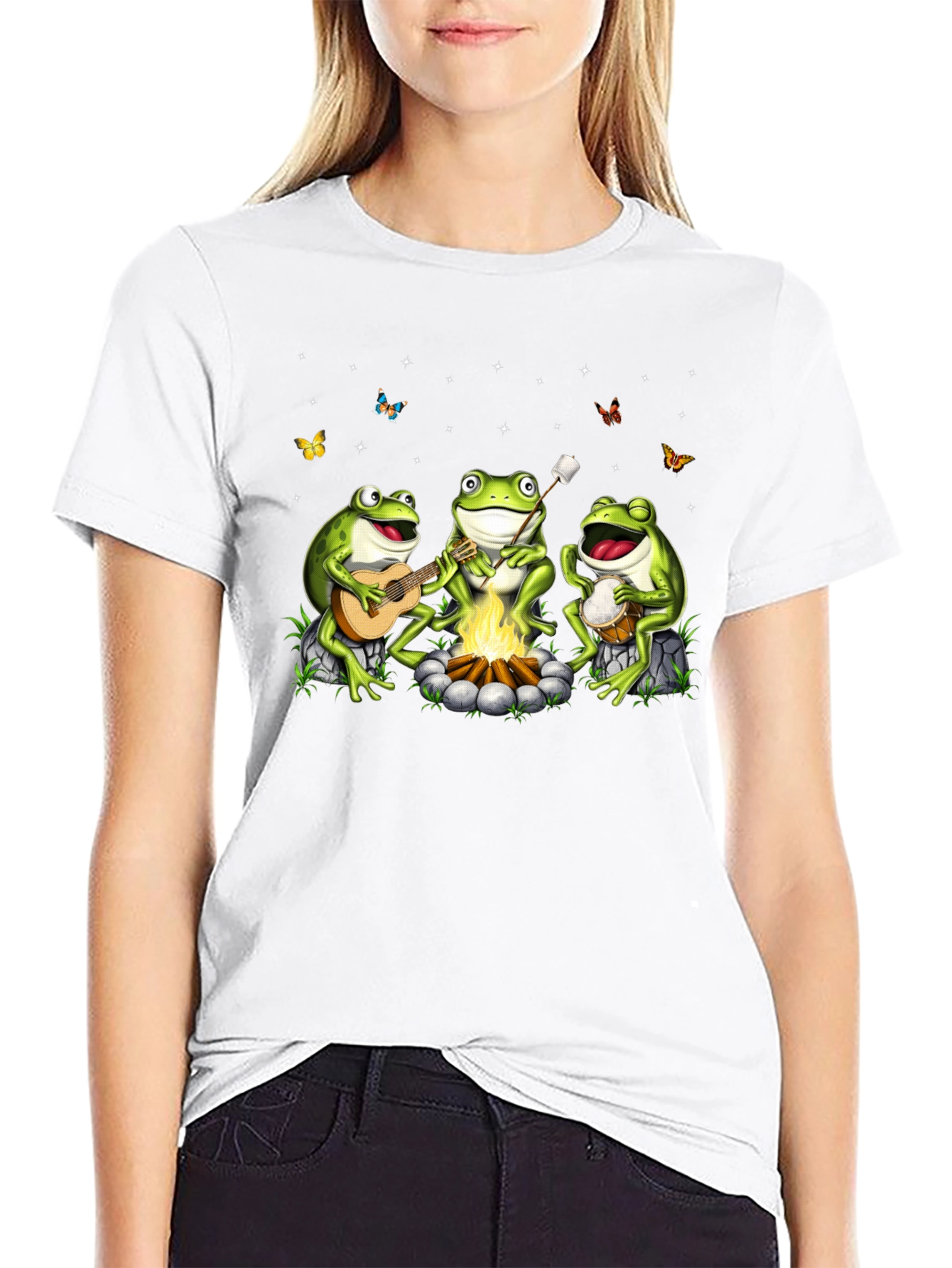 Camiseta Negra con Diseño de Ranas Músicas
