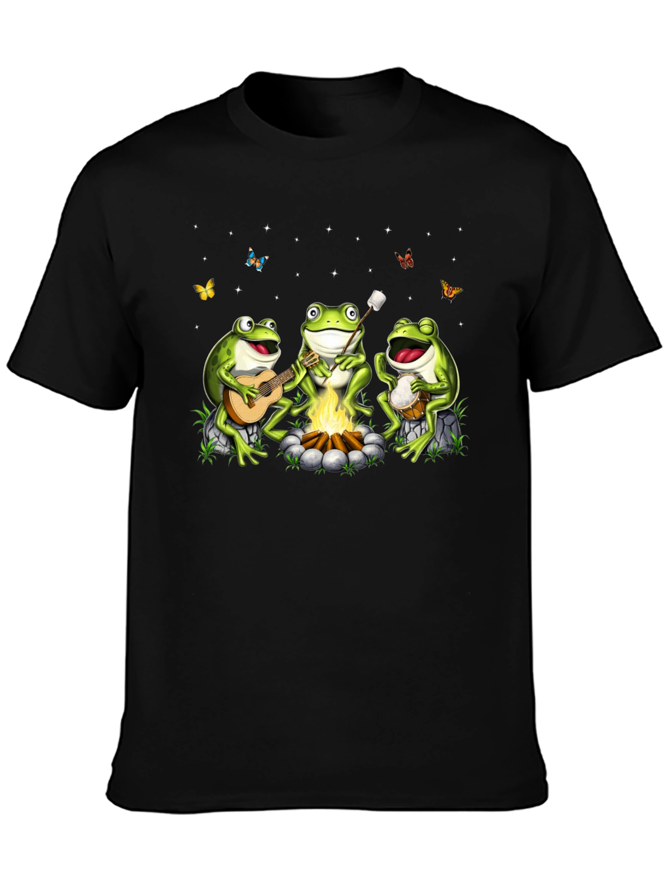 Camiseta Negra con Diseño de Ranas Músicas