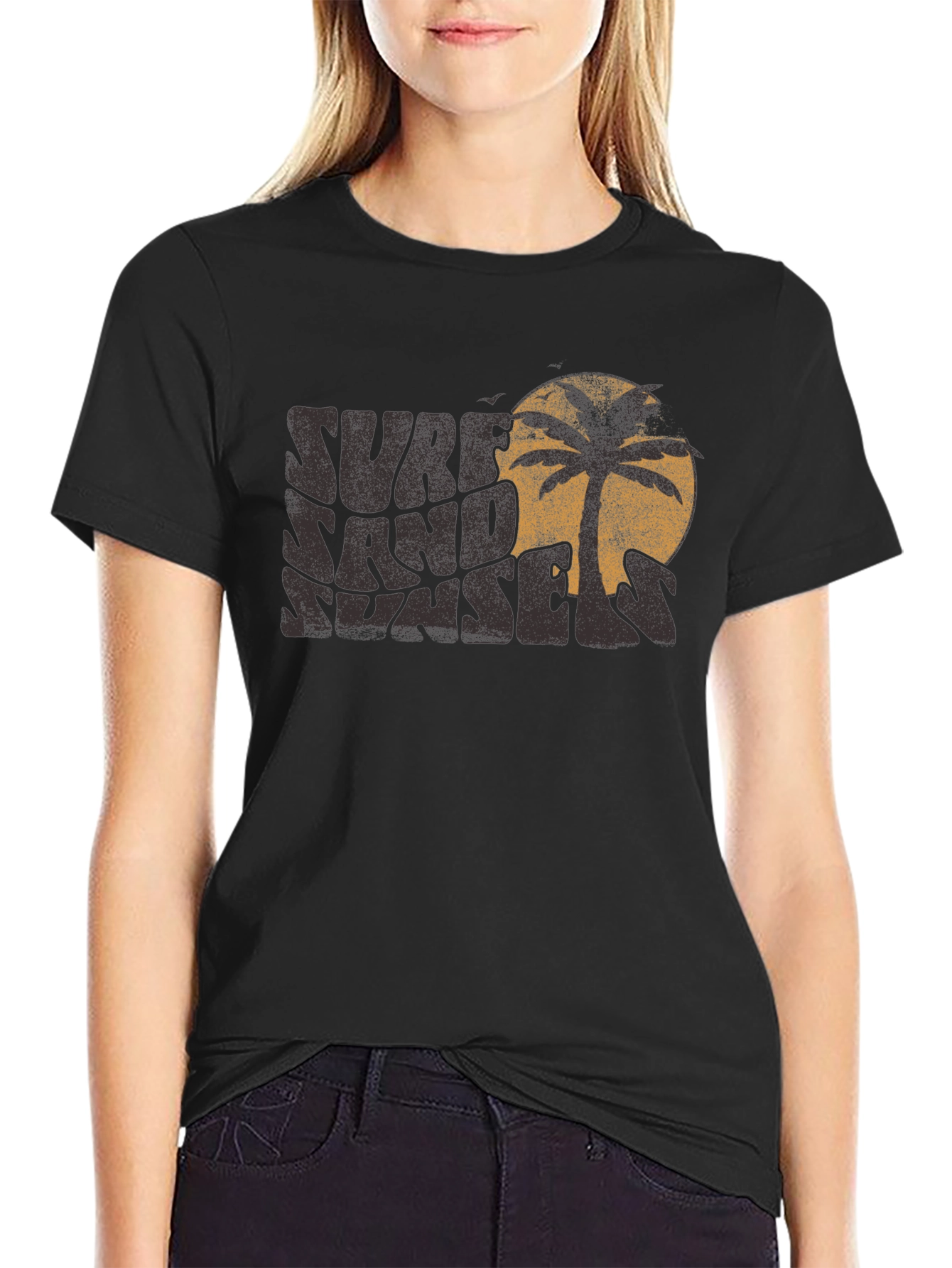Camiseta Negra Surf Sand Sunset con Diseño Retro