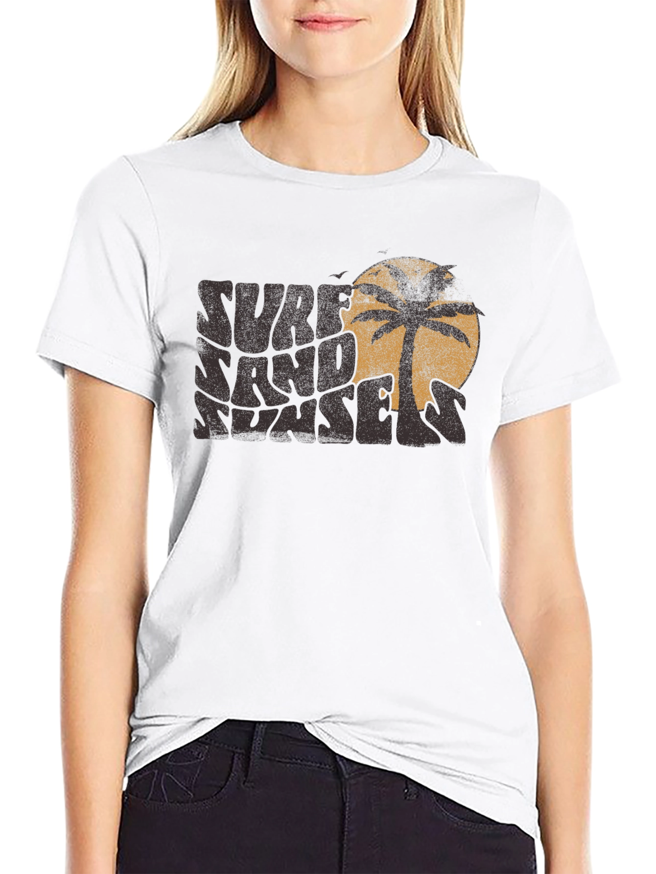 Camiseta Negra Surf Sand Sunset con Diseño Retro