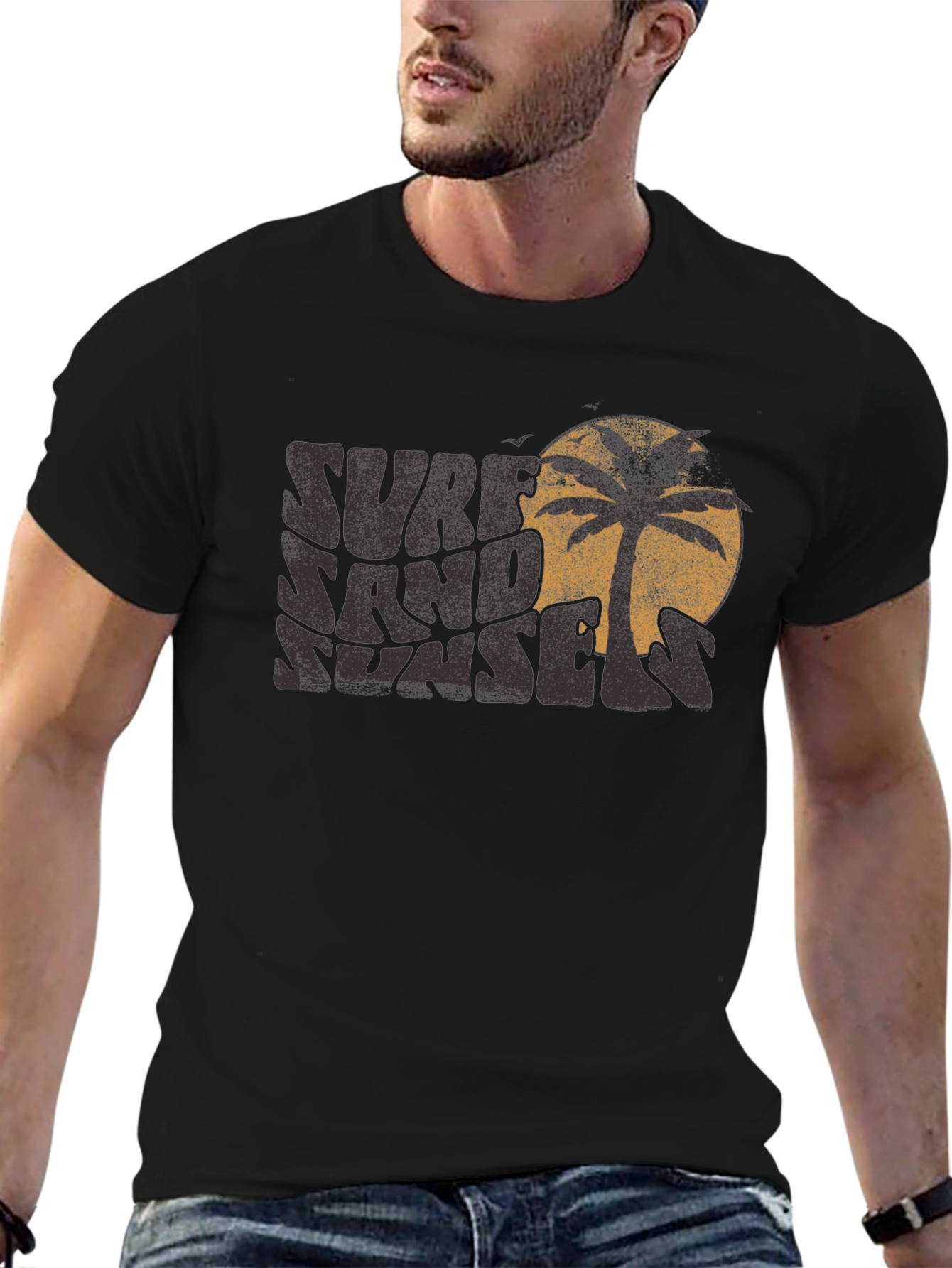 Camiseta Negra Surf Sand Sunset con Diseño Retro