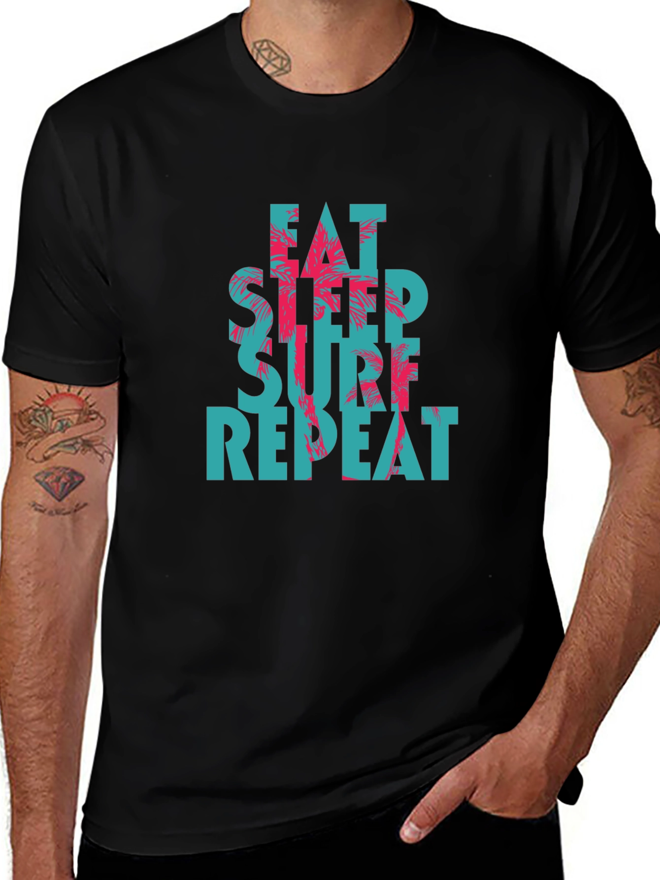 Camiseta Negra con Diseño Eat Sleep Surf Repeat