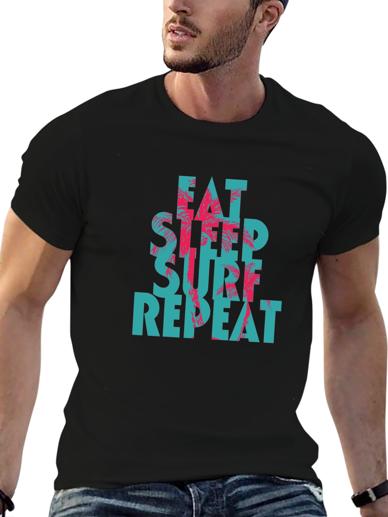 Camiseta Negra con Diseño Eat Sleep Surf Repeat