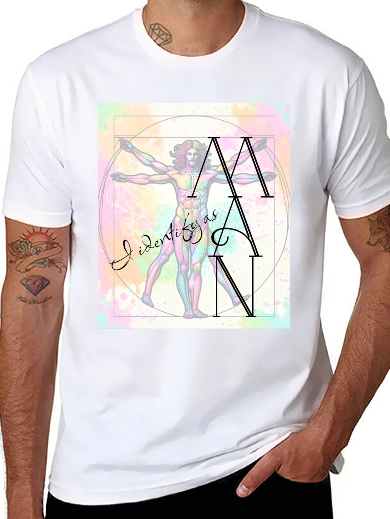 Camiseta Hombre: Arte Vitruviano Me Identifico Como Hombre