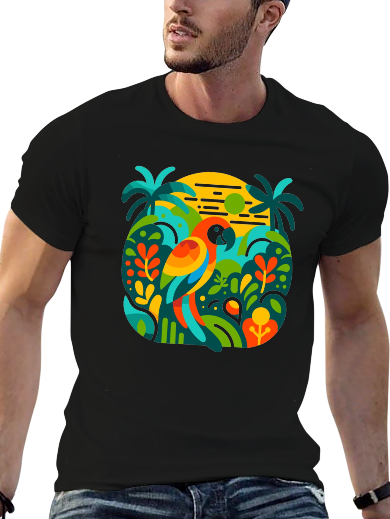 Camiseta Negra con Diseño Tropical de Loro