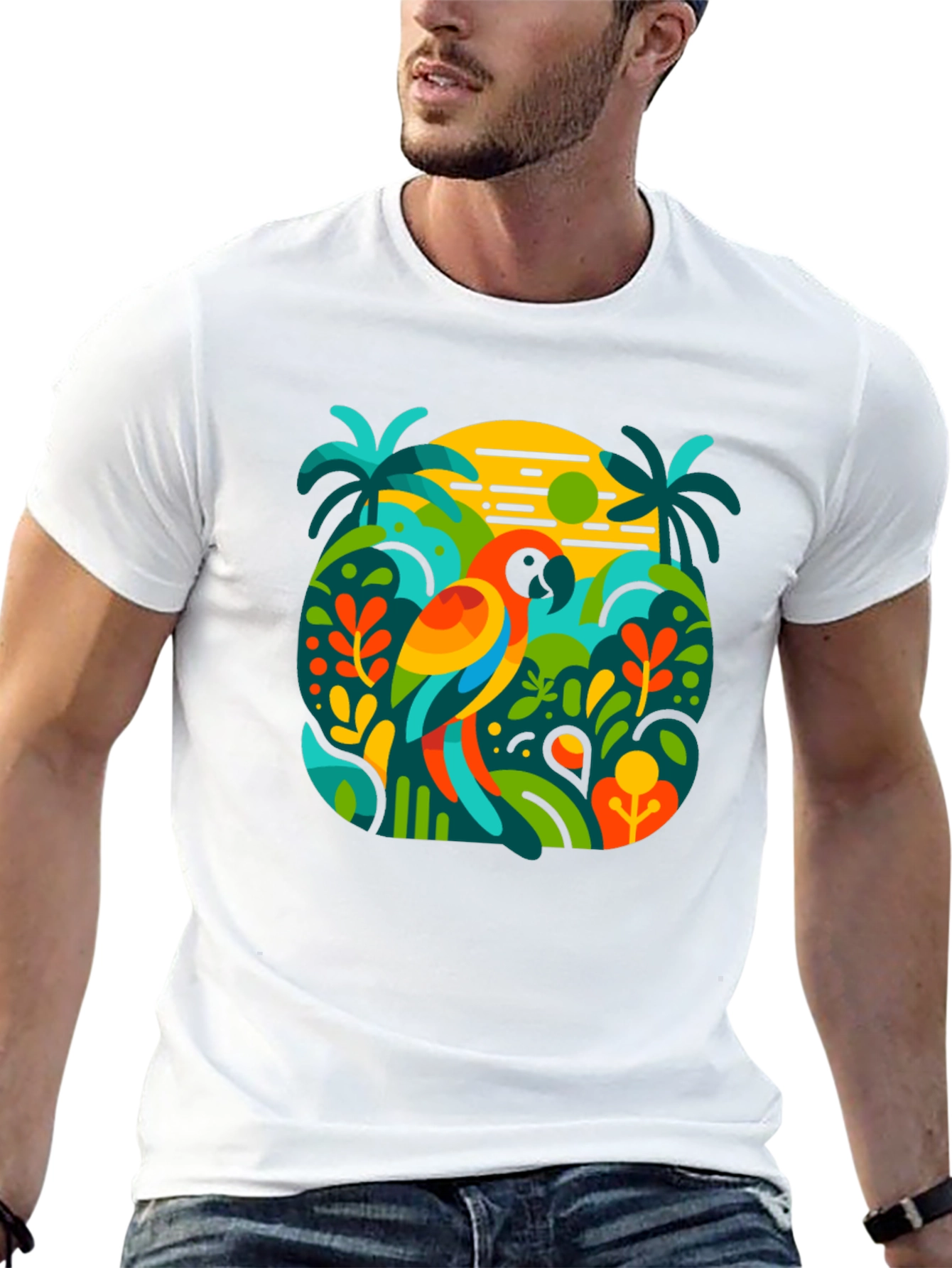 Camiseta Negra con Diseño Tropical de Loro