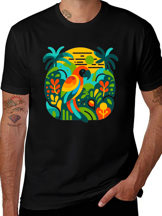 Camiseta Negra con Diseño Tropical de Loro