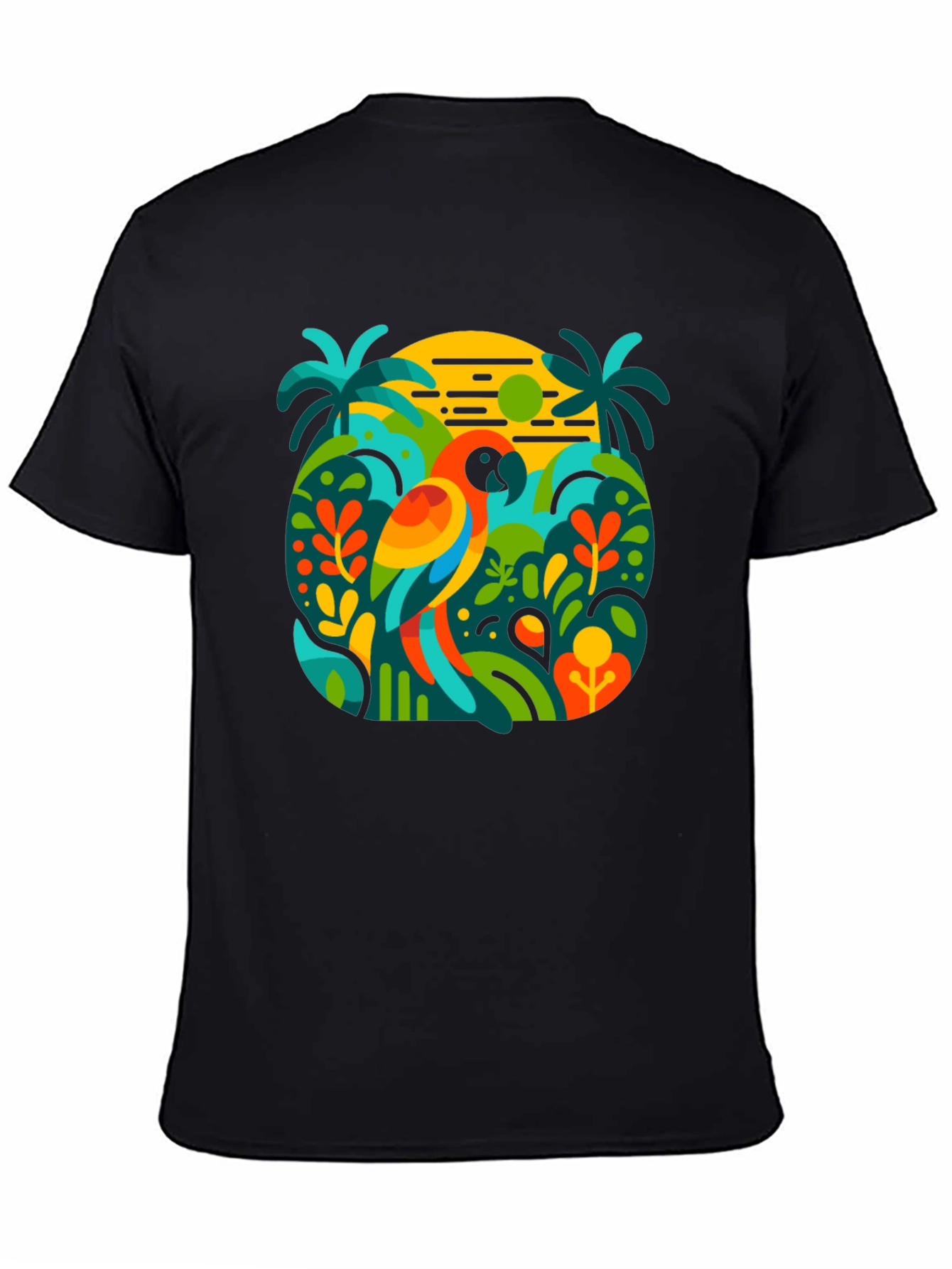 Camiseta Negra con Diseño Tropical de Loro