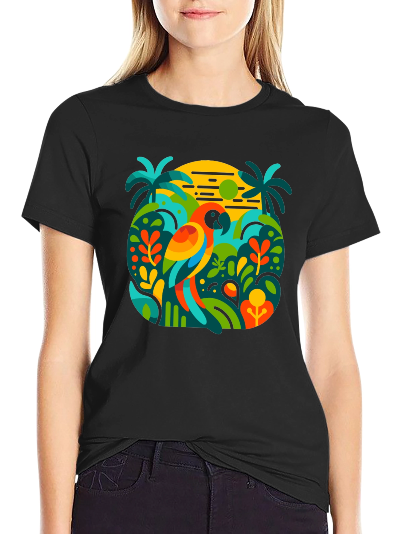 Camiseta Negra con Diseño Tropical de Loro