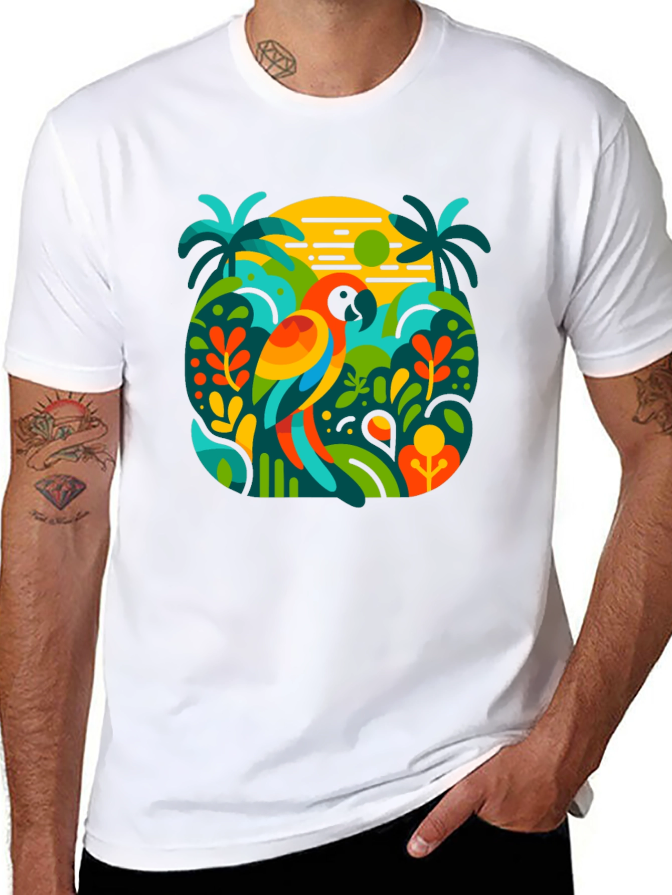 Camiseta Negra con Diseño Tropical de Loro