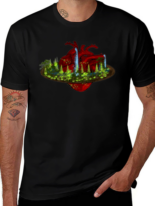 Camiseta Negra con Diseño de Corazón y Naturaleza