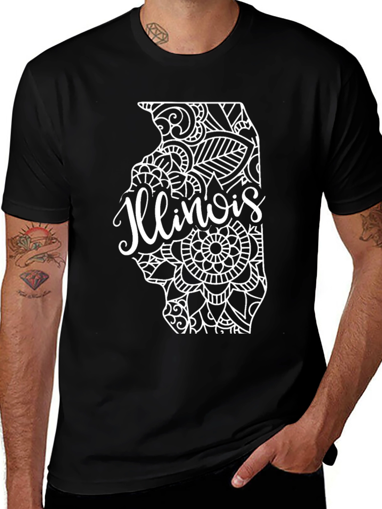 Camiseta Negra Diseño Illinois Mandala