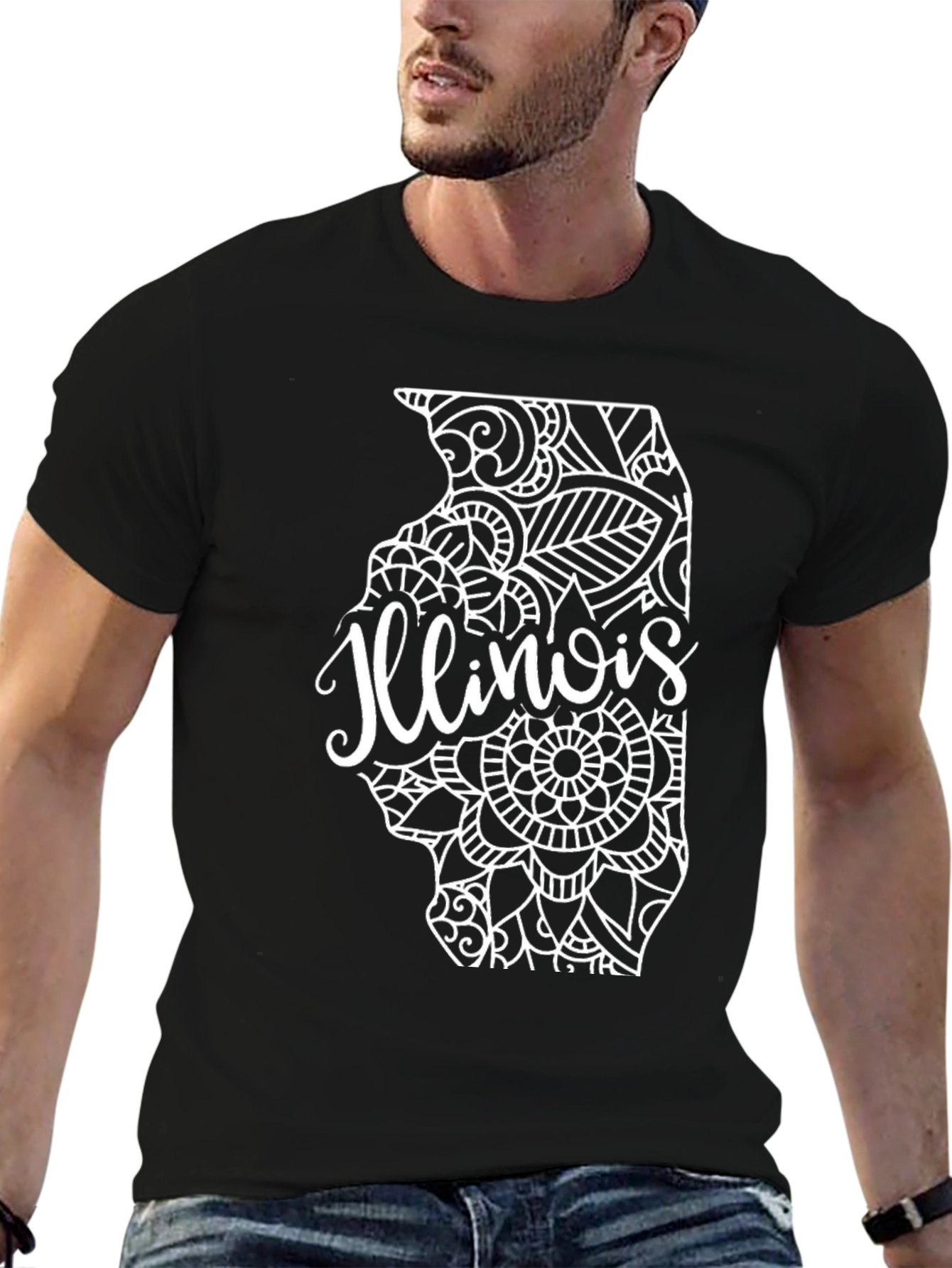 Camiseta Negra Diseño Illinois Mandala