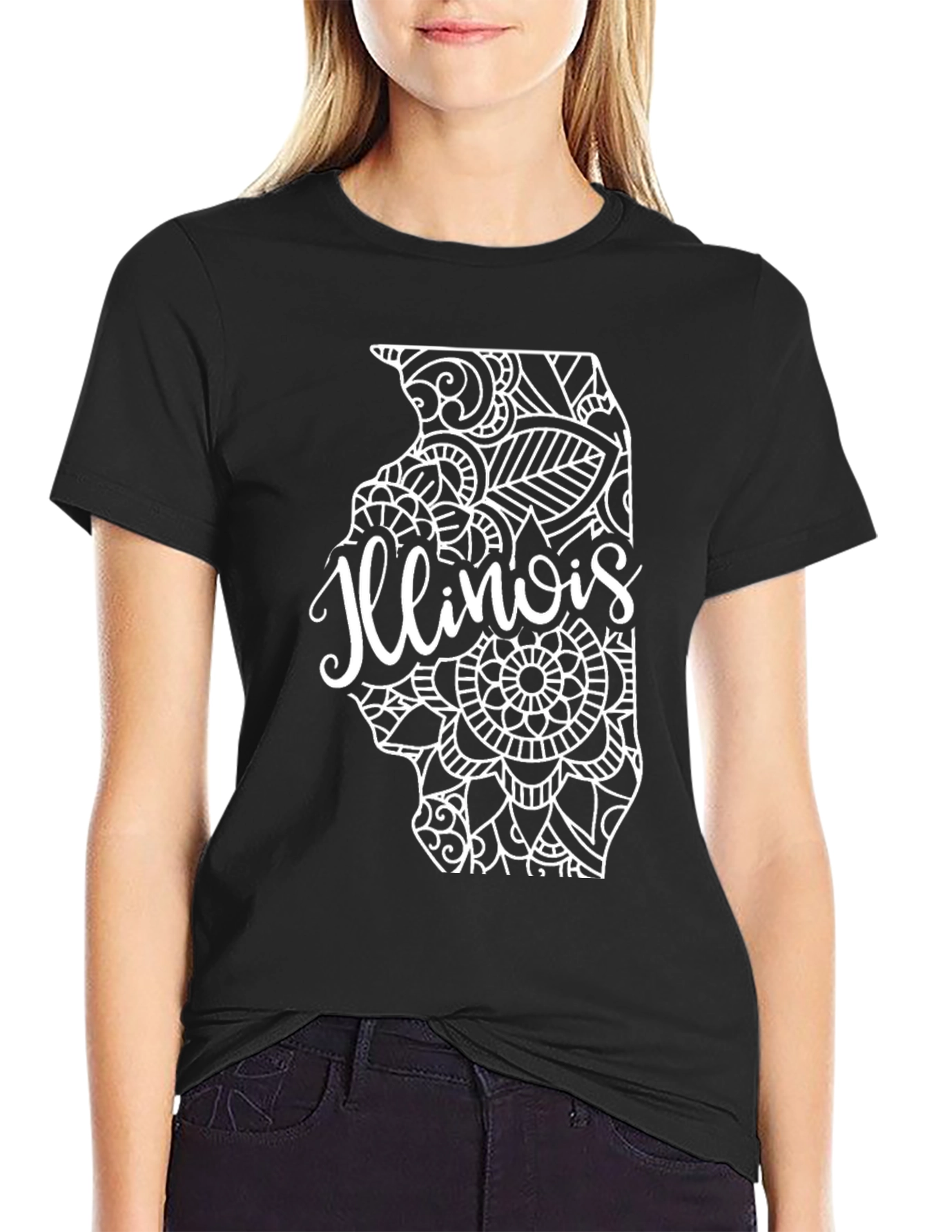 Camiseta Negra Diseño Illinois Mandala