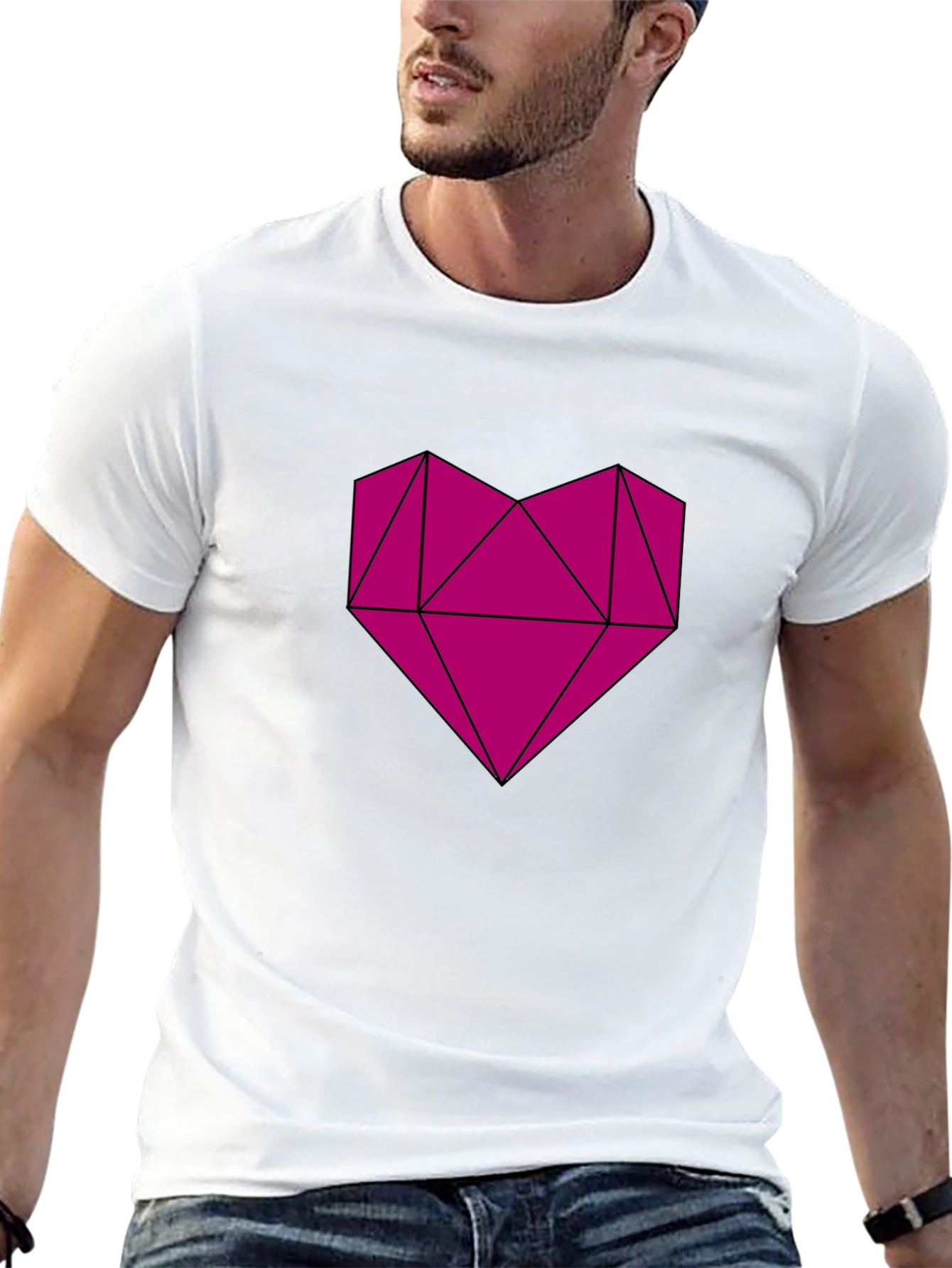 Camiseta Negra con Corazón Geométrico Magenta
