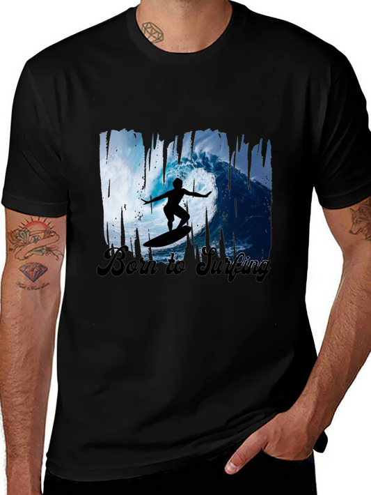 Camiseta Negra Estampada Surfero Ola - Born to Surfing