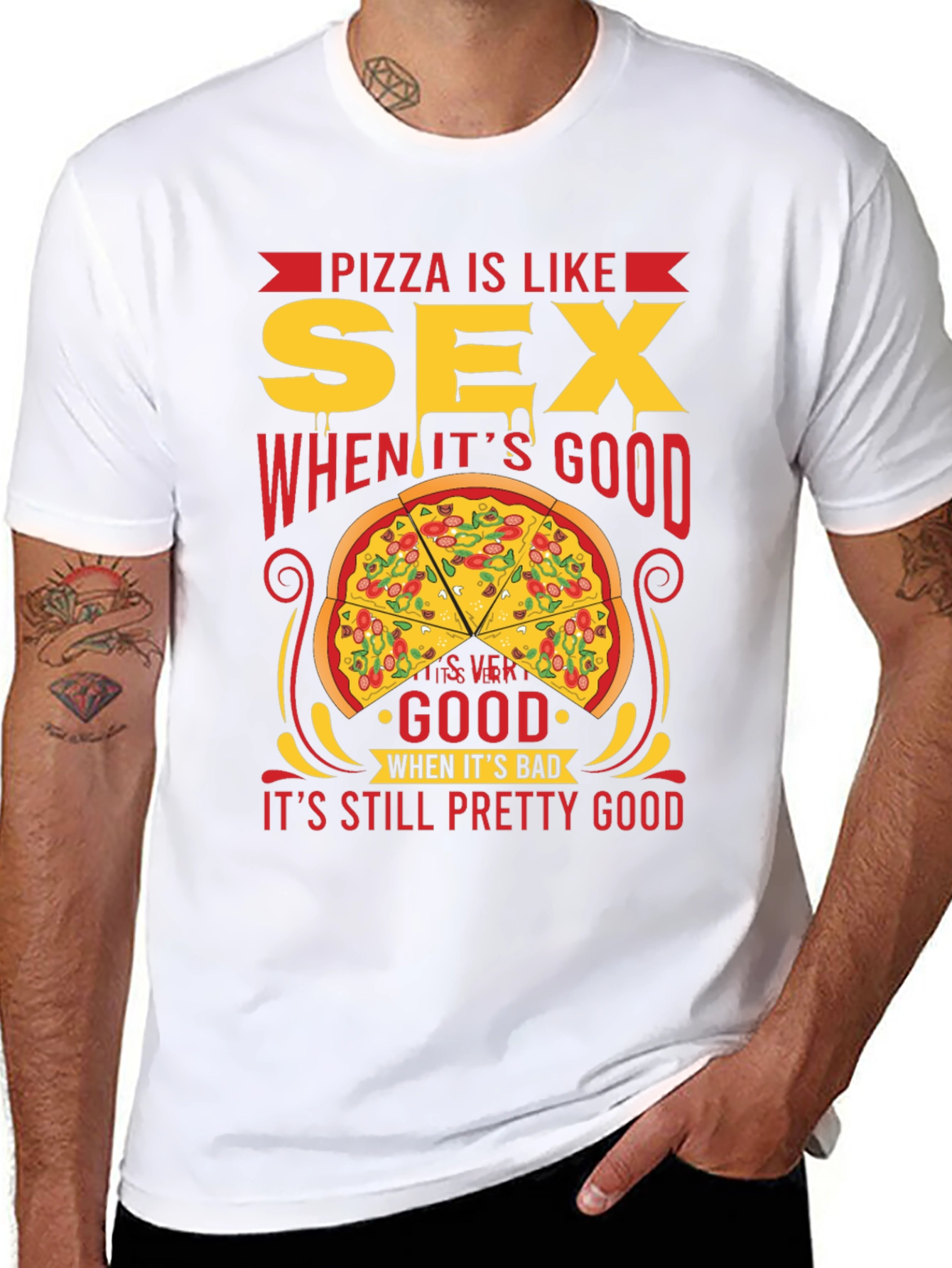 Camiseta Negra: Pizza es Como Sexo - ¡Siempre Buena!