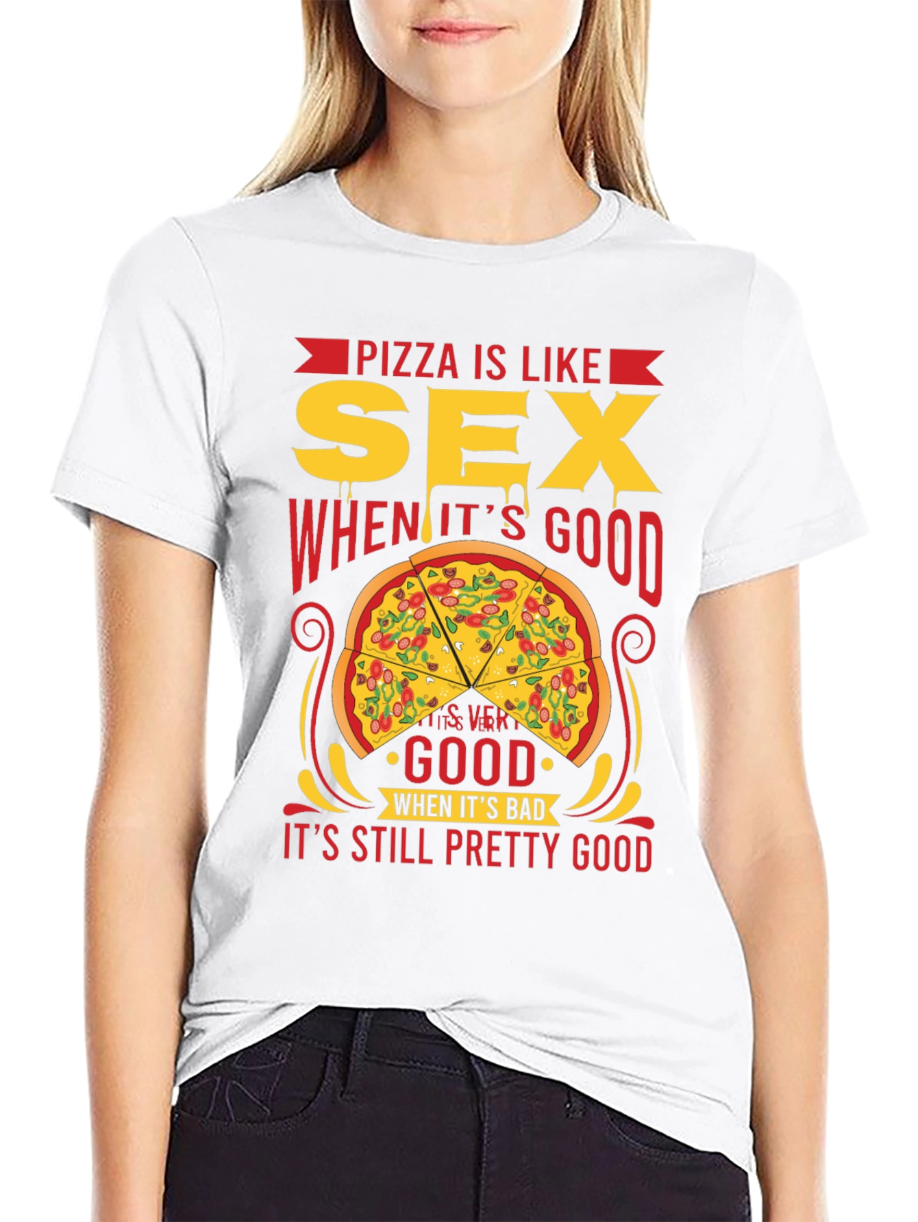 Camiseta Negra: Pizza es Como Sexo - ¡Siempre Buena!