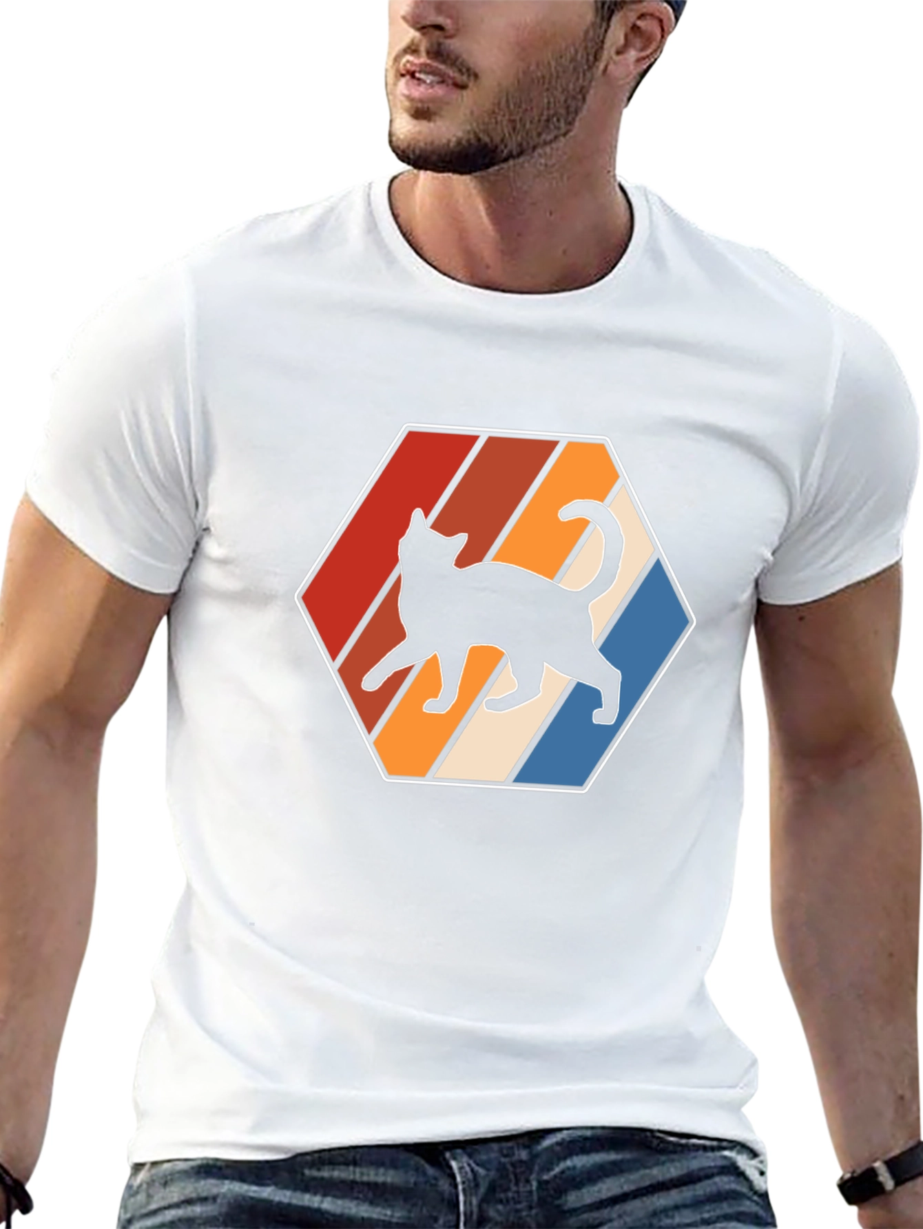 Camiseta Hombre Diseño Gato Retro Hexagonal