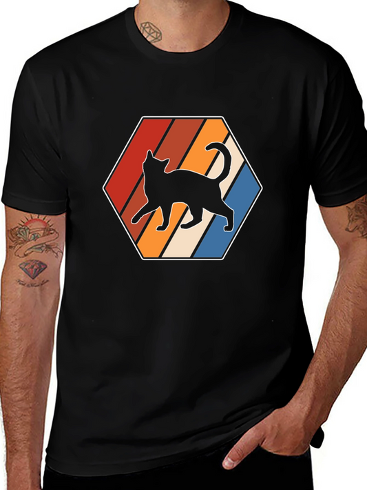Camiseta Hombre Diseño Gato Retro Hexagonal