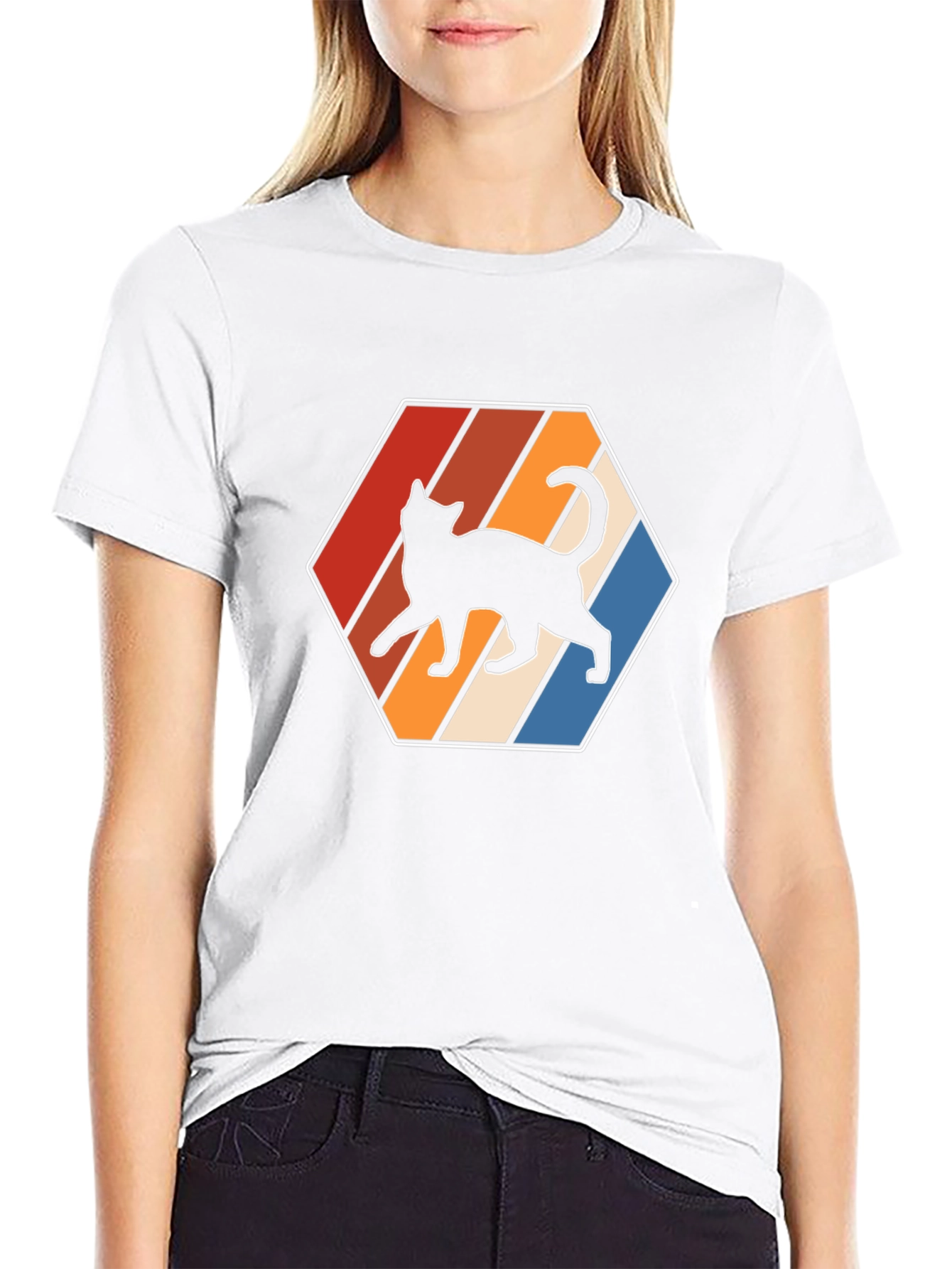 Camiseta Hombre Diseño Gato Retro Hexagonal
