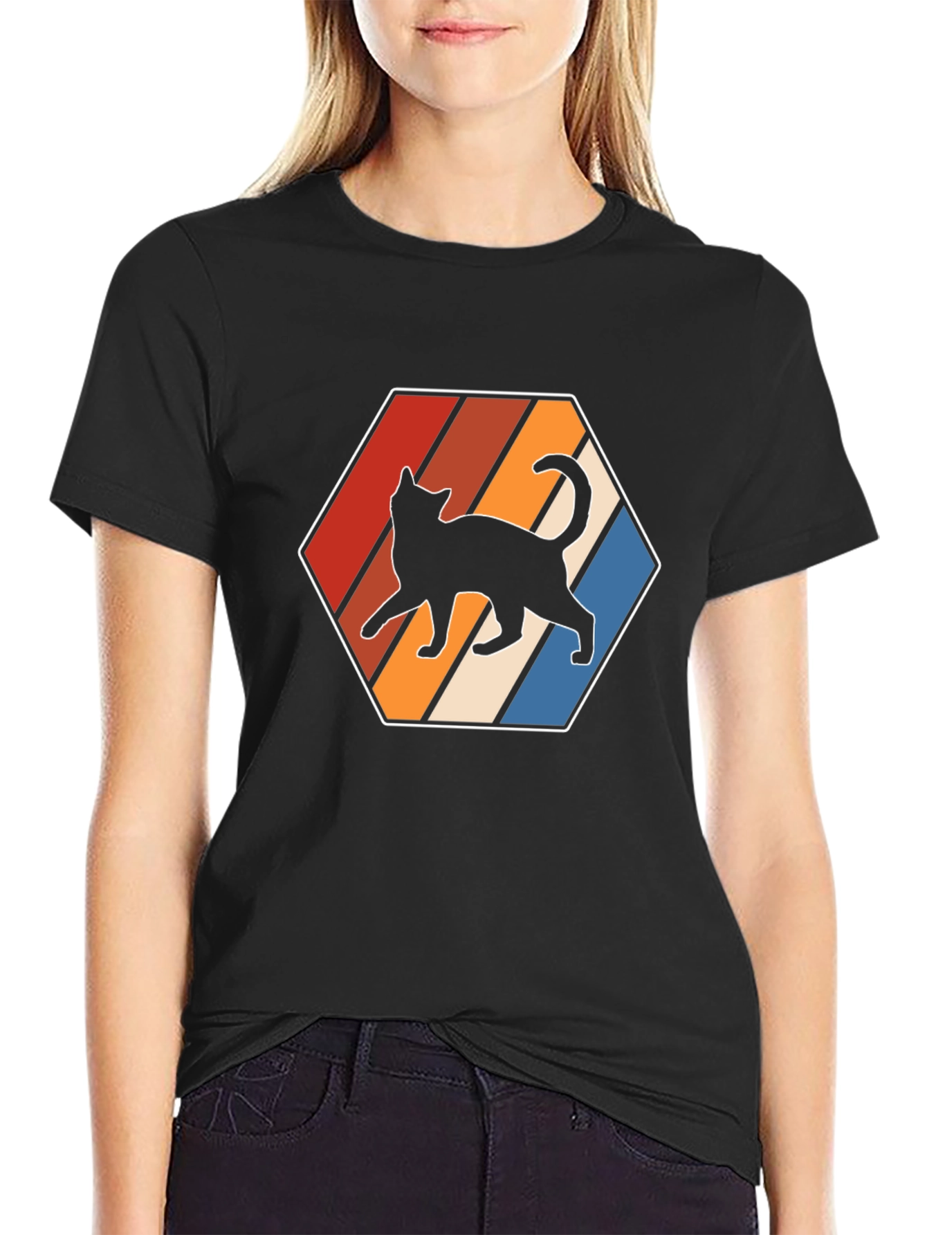 Camiseta Hombre Diseño Gato Retro Hexagonal