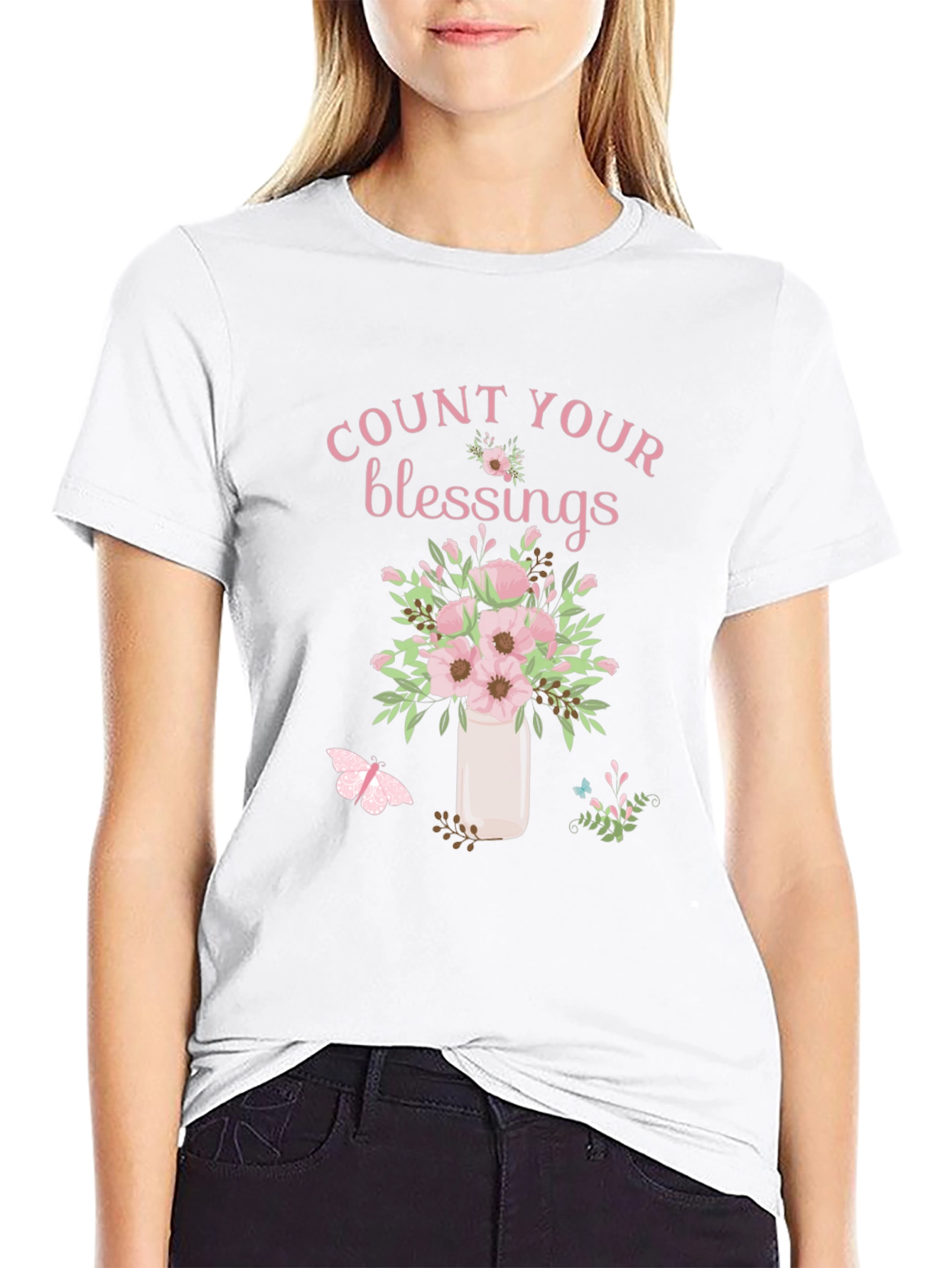 Camiseta Negra Count Your Blessings con Flores Rosadas