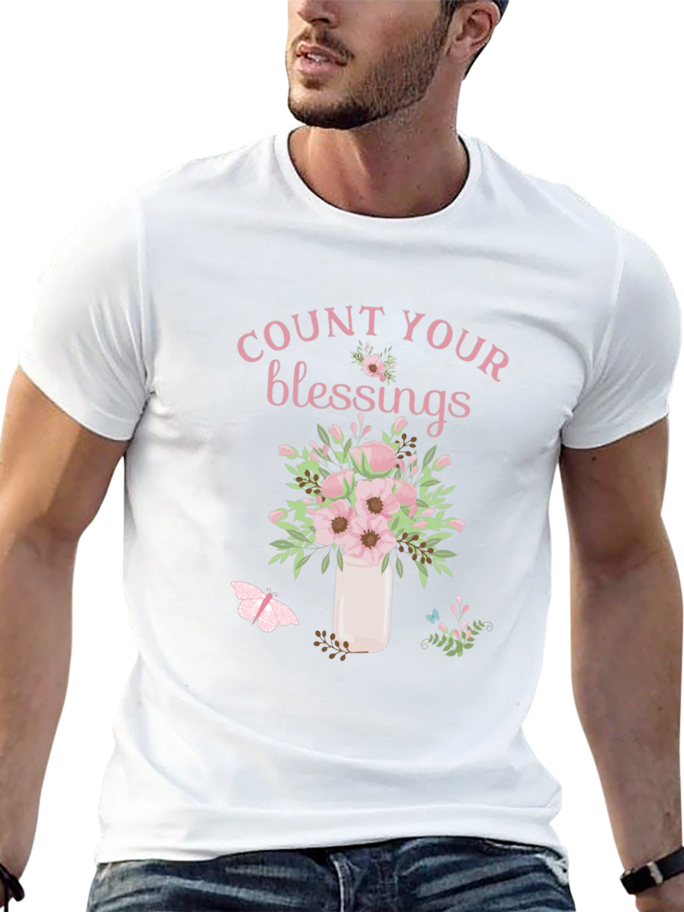 Camiseta Negra Count Your Blessings con Flores Rosadas
