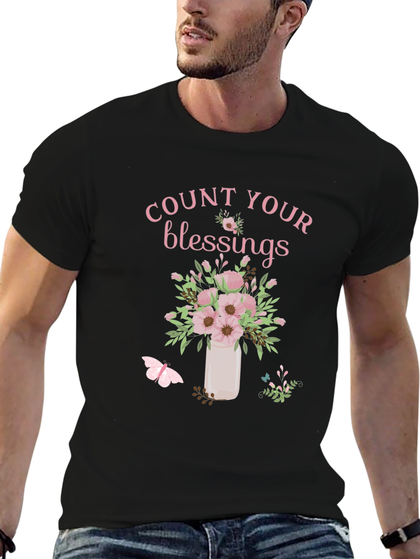 Camiseta Negra Count Your Blessings con Flores Rosadas