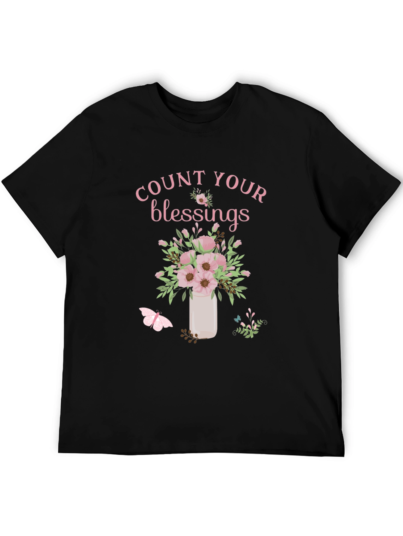 Camiseta Negra Count Your Blessings con Flores Rosadas