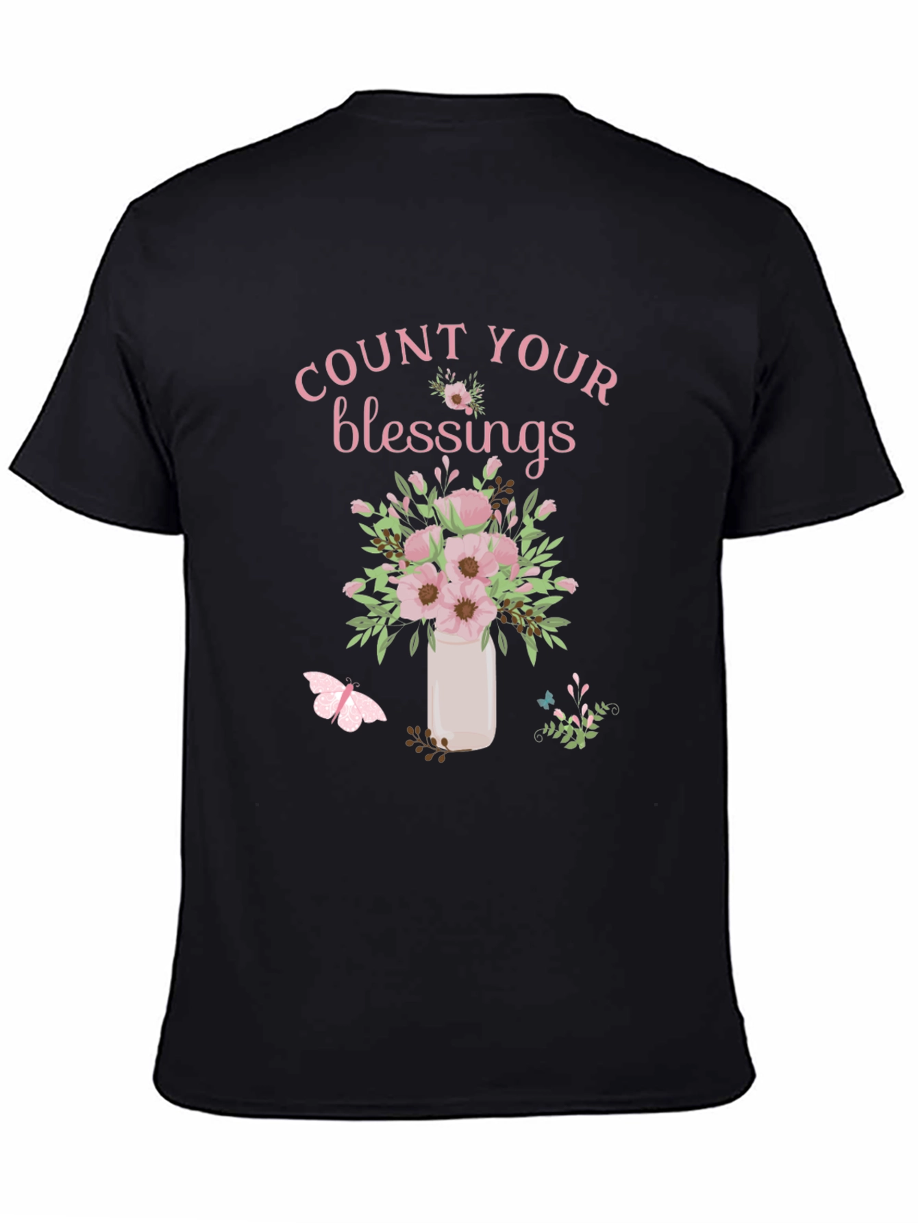Camiseta Negra Count Your Blessings con Flores Rosadas