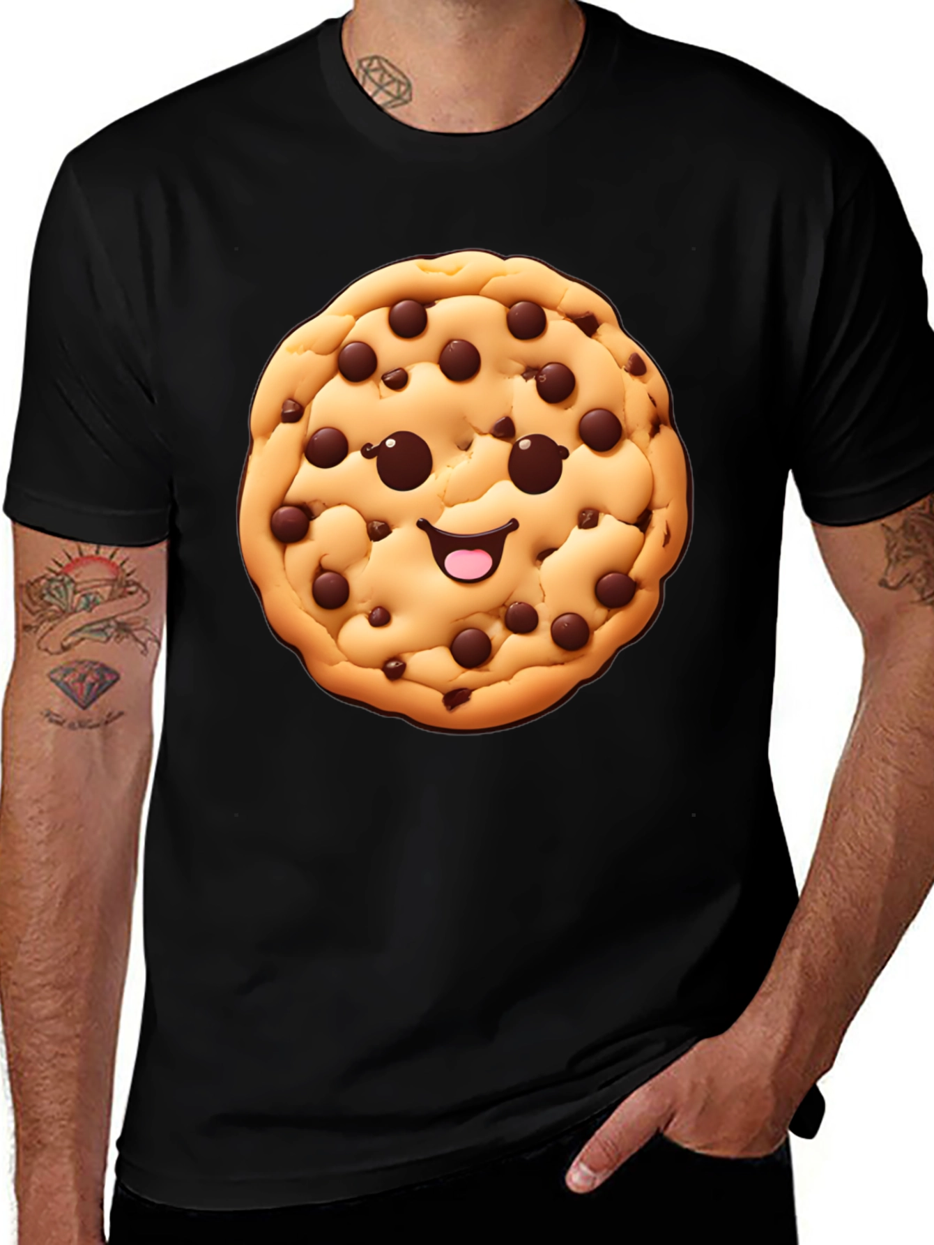Camiseta Negra con Diseño de Galleta Sonriente